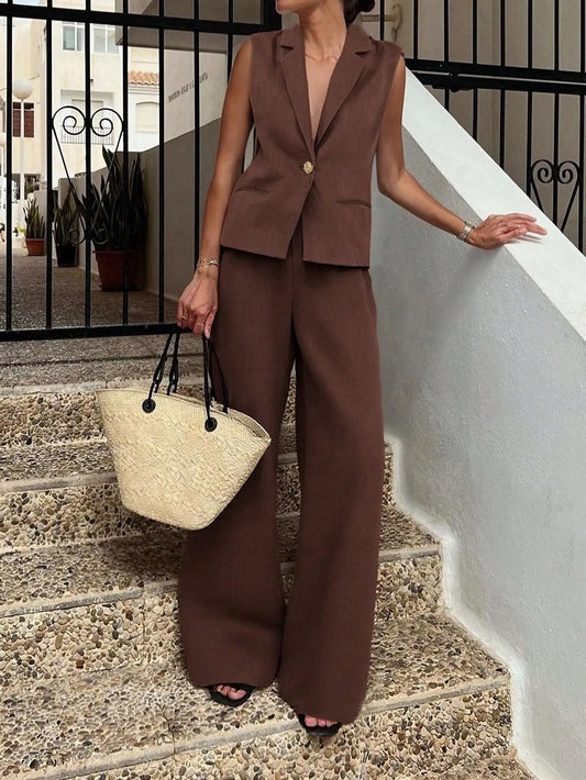 Sleeveless Blazer and Wide Leg Pants Set - Eve & Kith