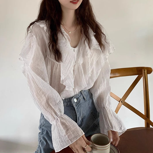 Womens Solid-Color Irregular Chiffon Long-Sleeve Shirt - Eve & Kith