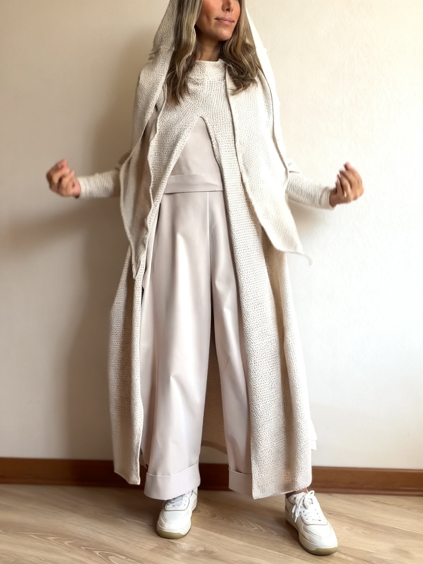 Beige Knit Hooded Duster Top - Eve & Kith