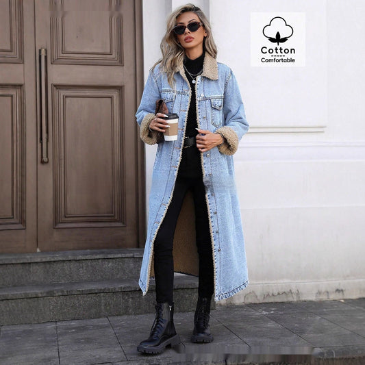 Womens Loose, Long, Fleece-lined Cotton Denim Jacket - Eve & Kith