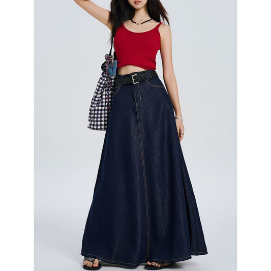 Women's Solid Color Loose Fit Blue Vintage Denim Skirt - Eve & Kith