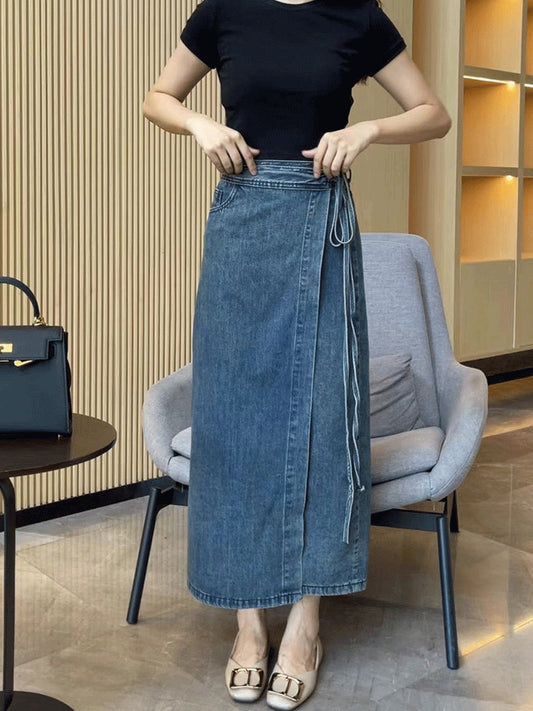 Women's Waist Slit Blue Denim Skirt - Eve & Kith