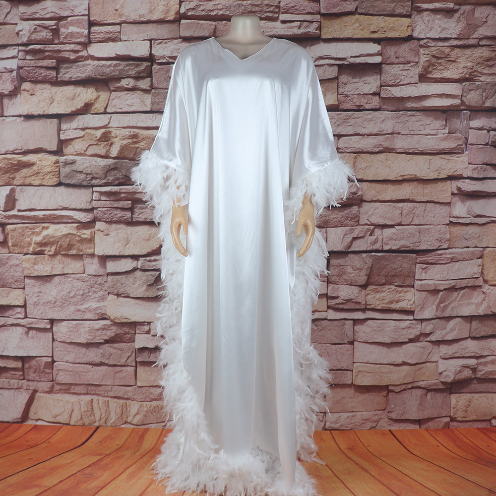 African Women's Loose Dress Luxury Fully Surrounded Light Feather Batwing Sleeve High Slit Robe - Eve & Kith