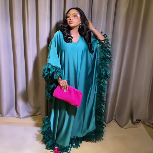 African Women's Loose Dress Luxury Fully Surrounded Light Feather Batwing Sleeve High Slit Robe - Eve & Kith