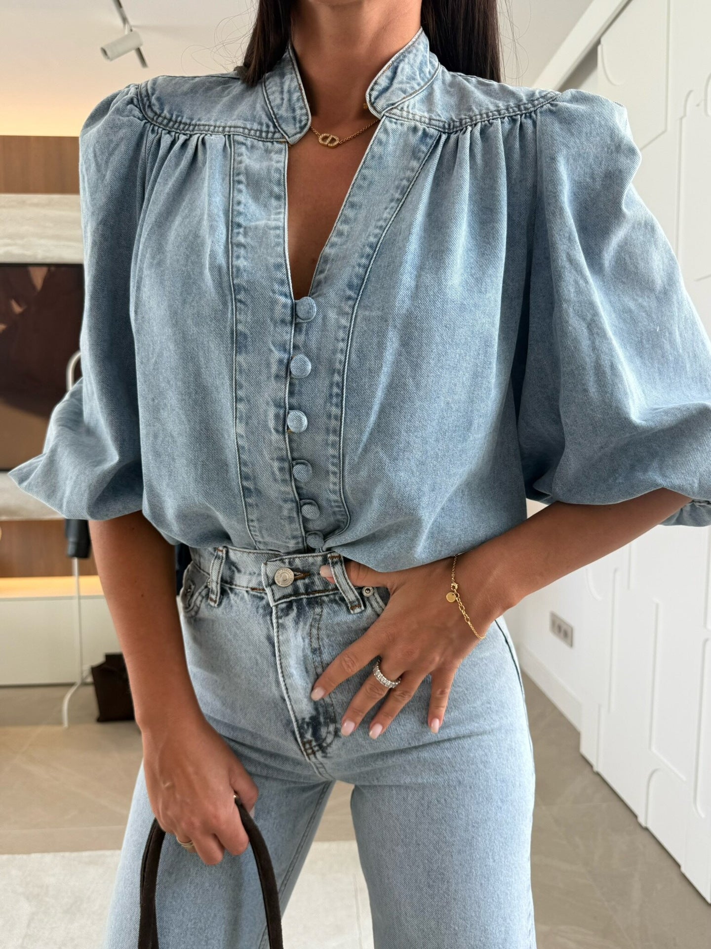New Arrival Fashionable Casual Retro Denim Shirt With Puffed Sleeves And V-Neck - Eve & Kith