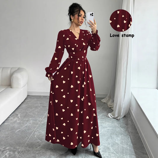 Women's Printed V-Neck Long Sleeve Waist Tie Dress - Eve & Kith