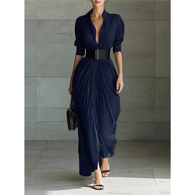 Fashionable Elegant Lapel Breasted Shirt Dress With Belt - Eve & Kith