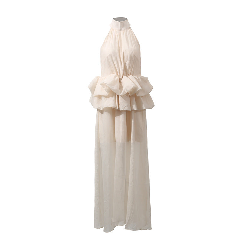 Long Ruffled Dress Sleeveless Stand Collar Solid Color Dress - Eve & Kith