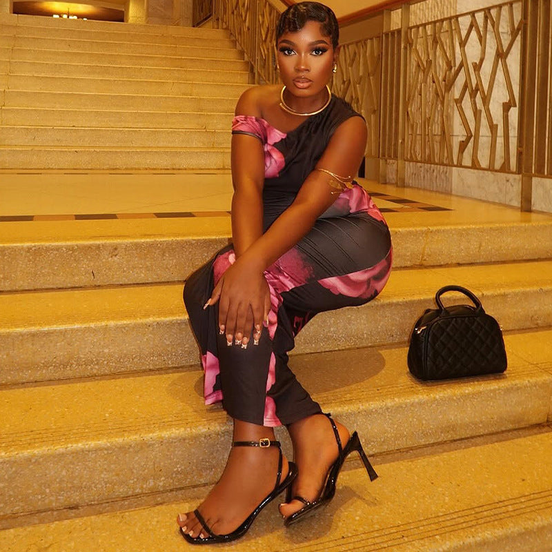 Elegant Printed Bodycon Pleated One-Shoulder Dress - Eve & Kith