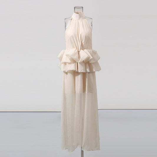 Long Ruffled Dress Sleeveless Stand Collar Solid Color Dress - Eve & Kith
