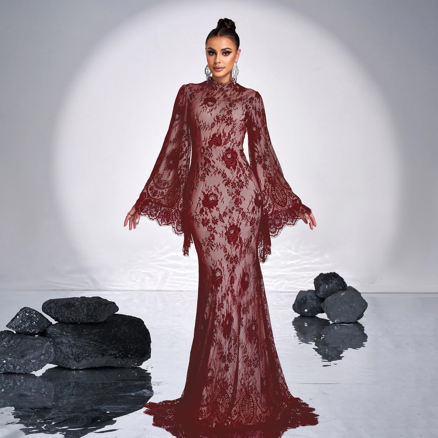 Long Sleeve Round Neck Sexy Lace Banquet Dress - Eve & Kith