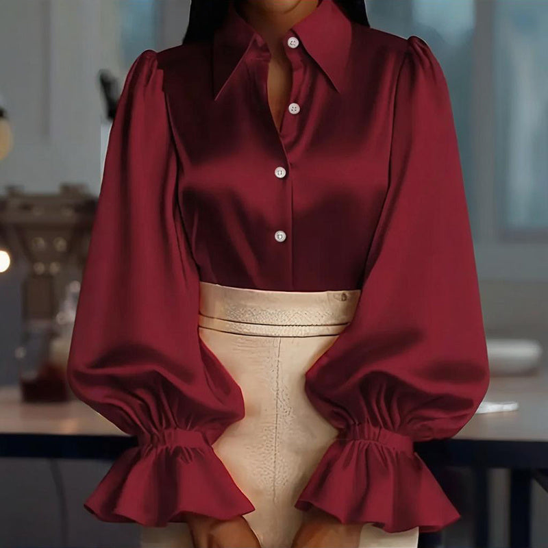 Women's Puff Sleeve Button Down Blouse, Ruffle Detail Dressy Casual Work Top - Eve & Kith