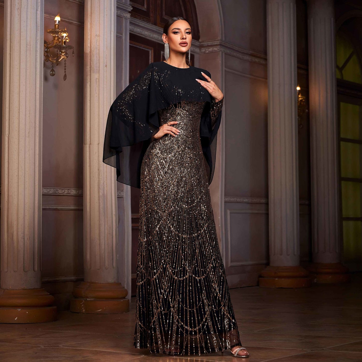 Elegant Long Sleeve Round Neck Shawl Banquet Sequined A- Line Evening Dress - Eve & Kith