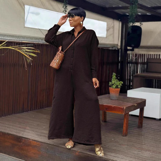 Casual Loose Round Neck Long Sleeve Wide Leg One-piece - Eve & Kith