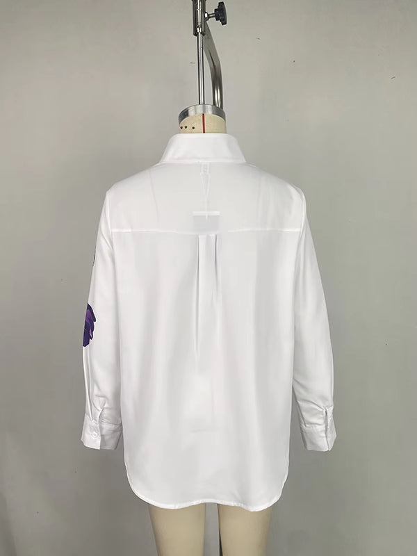 Long Sleeve And Loose Print Top Stand Collar Shirt - Eve & Kith