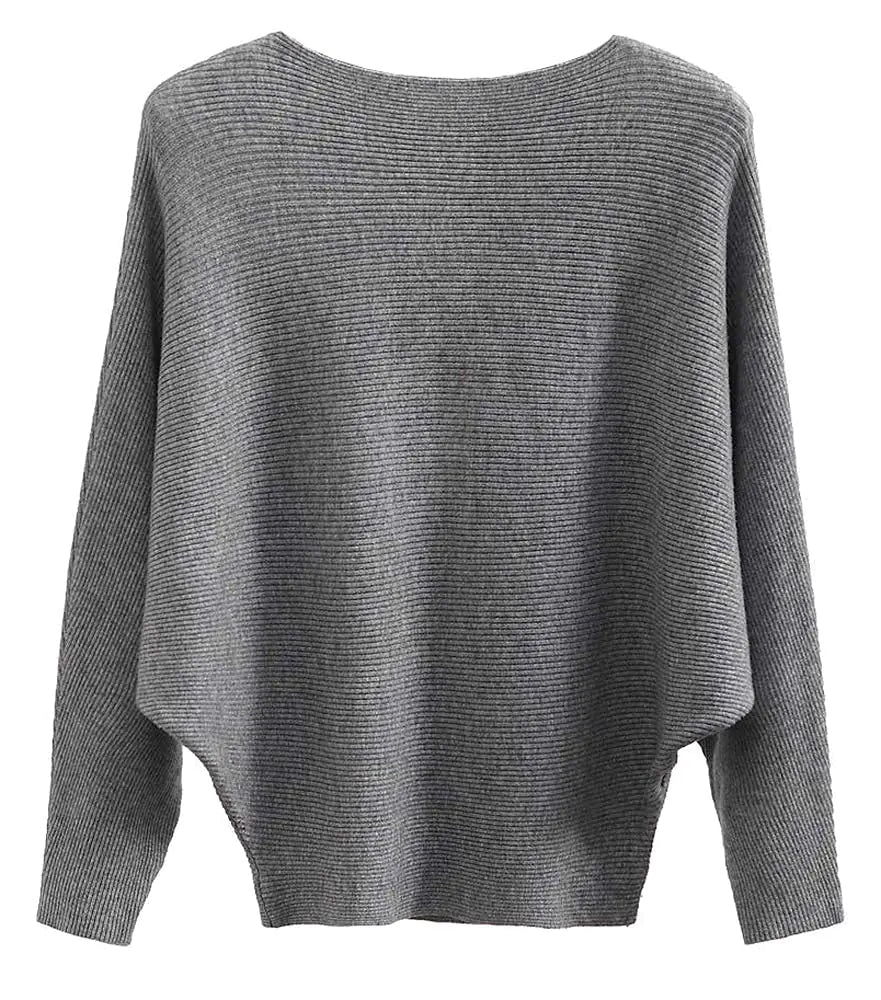 GOLDSTITCH Boat Neck Batwing Sleeves Dolman Knitted Sweaters and Pullovers Tops for Women Grey - Eve & Kith