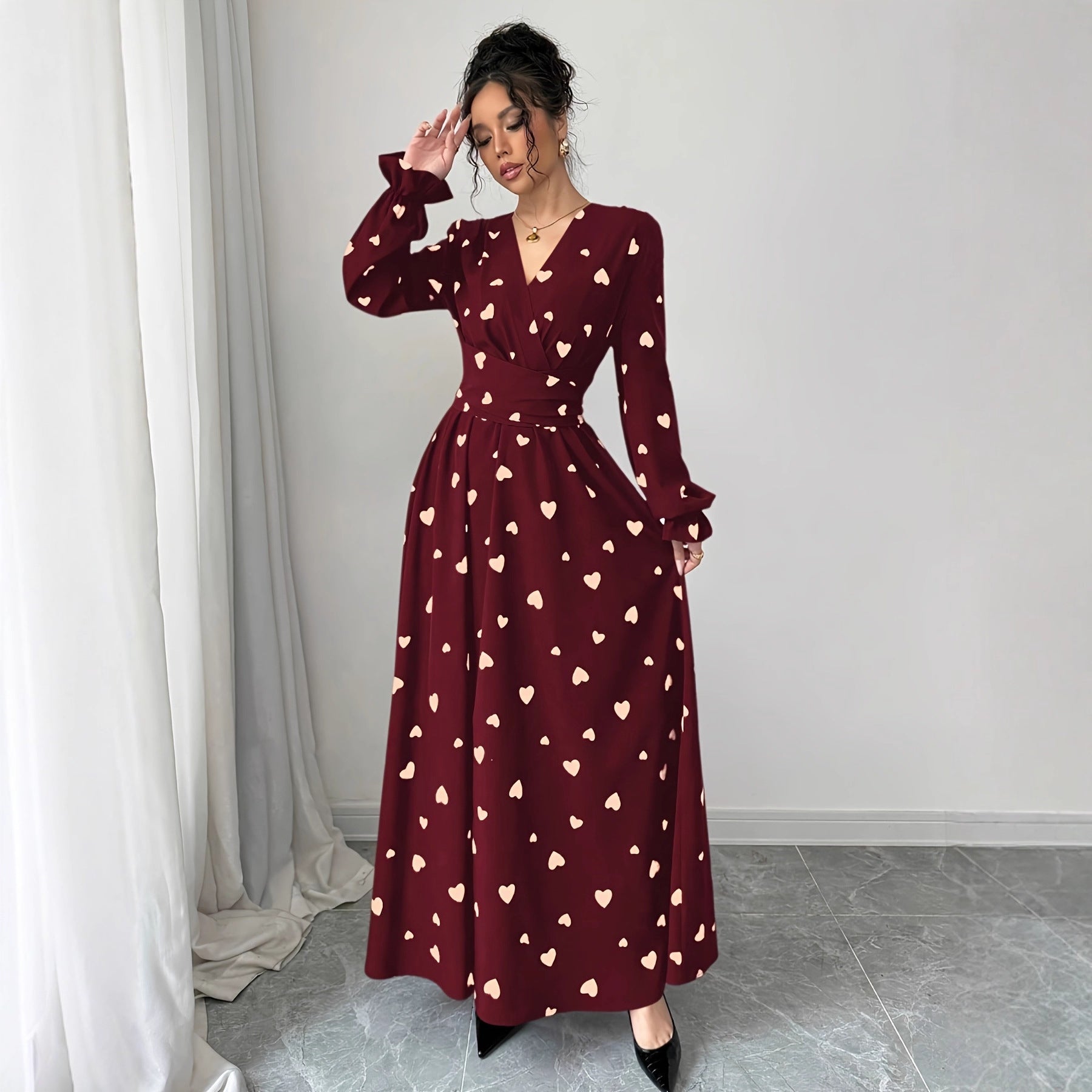 Women's Printed V-Neck Long Sleeve Waist Tie Dress - Eve & Kith