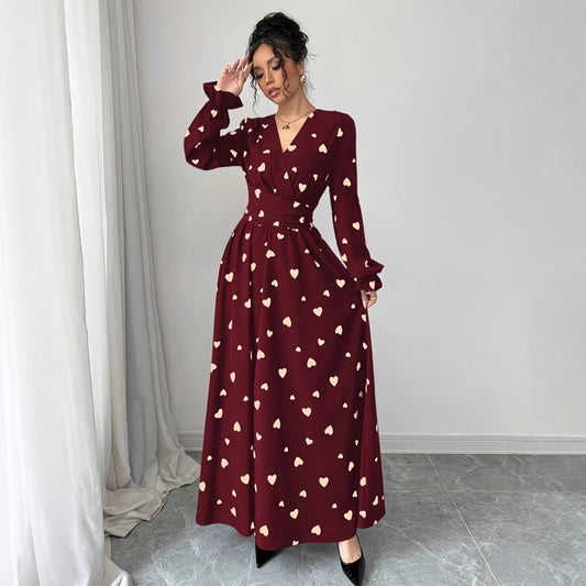 Women's Printed V-Neck Long Sleeve Waist Tie Dress - Eve & Kith