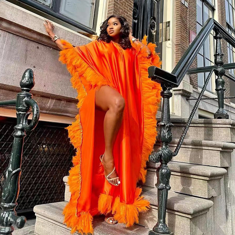 African Women's Loose Dress Luxury Fully Surrounded Light Feather Batwing Sleeve High Slit Robe - Eve & Kith