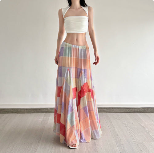 Colorful Flower Niche Artistic Colorblock Plaid Skirt - Eve & Kith