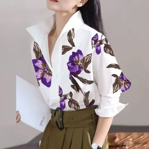 Long Sleeve And Loose Print Top Stand Collar Shirt - Eve & Kith