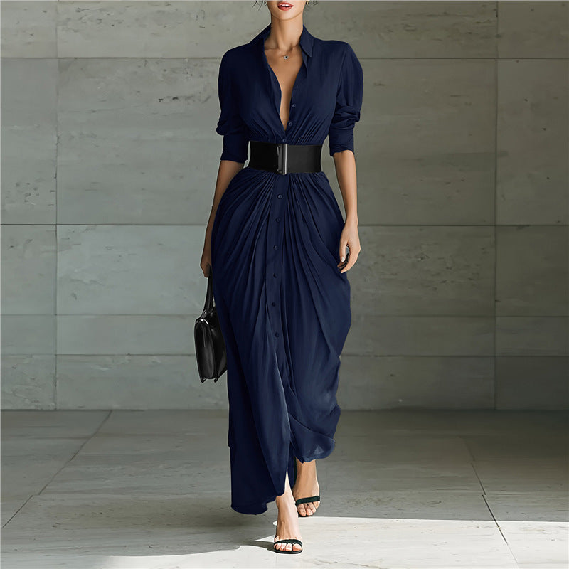 Fashionable Elegant Lapel Breasted Shirt Dress With Belt - Eve & Kith