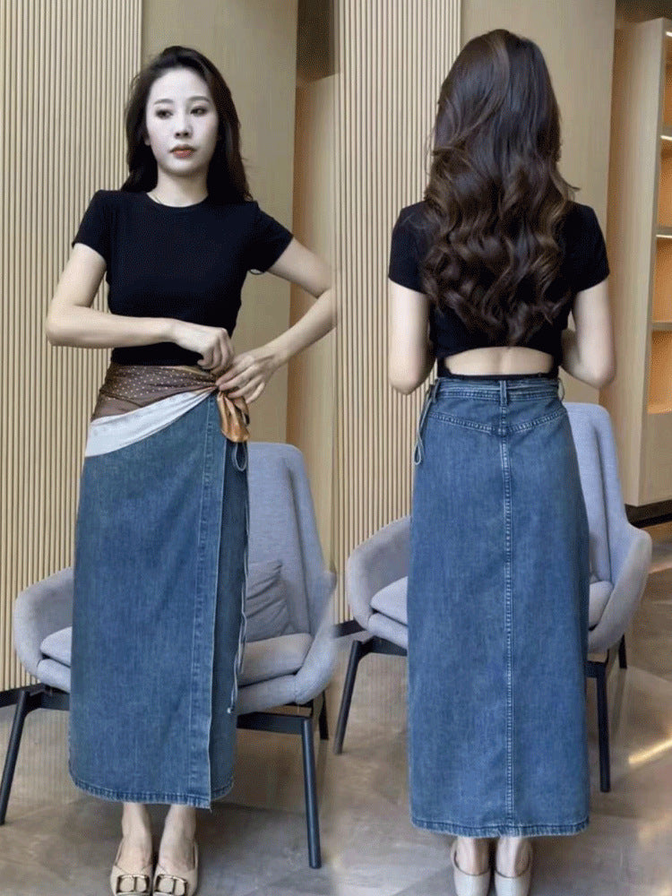 Women's Waist Slit Blue Denim Skirt - Eve & Kith