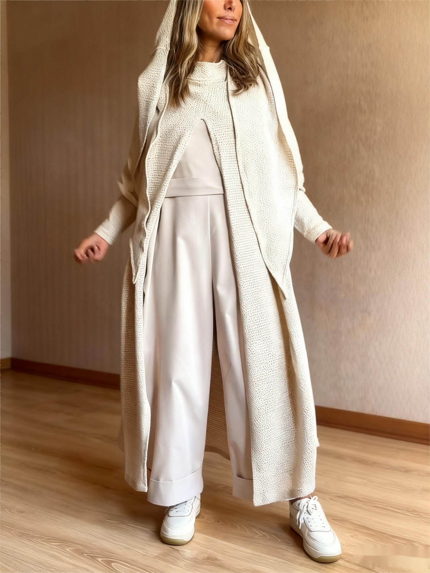 Beige Knit Hooded Duster Top - Eve & Kith