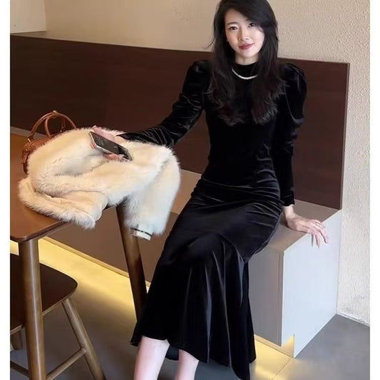 New Base-layer French-style Chic Korean Velvet Dress - Eve & Kith