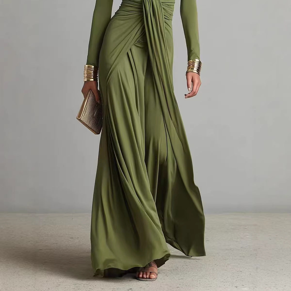 Solid-color Textured Long-sleeve Elegant French-style Dress