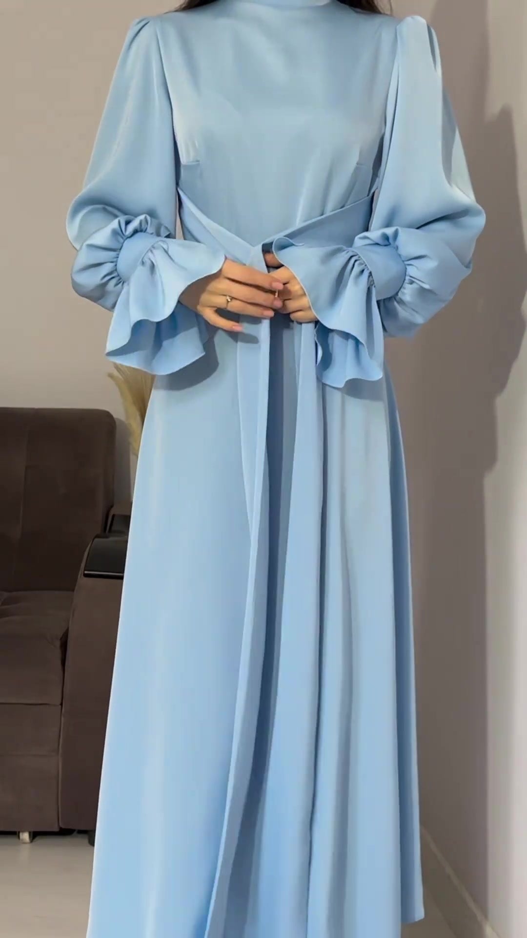 Autumn Long Sleeve Waist Puff Sleeve Green Dress