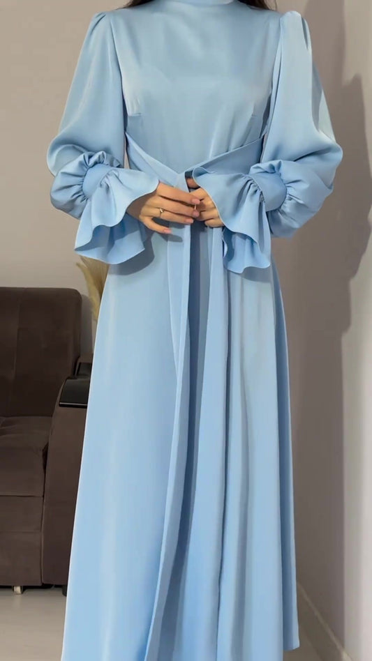 Autumn Long Sleeve Waist Puff Sleeve Green Dress