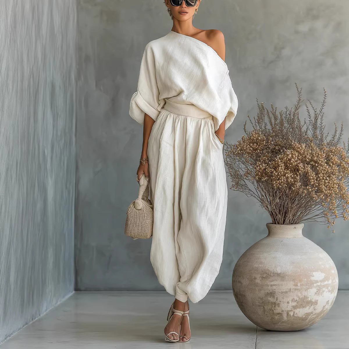 Loose Wide-leg Casual Top With Lantern Pants In Cotton And Linen