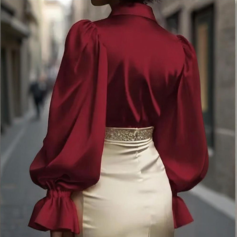 Women's Puff Sleeve Button Down Blouse, Ruffle Detail Dressy Casual Work Top - Eve & Kith