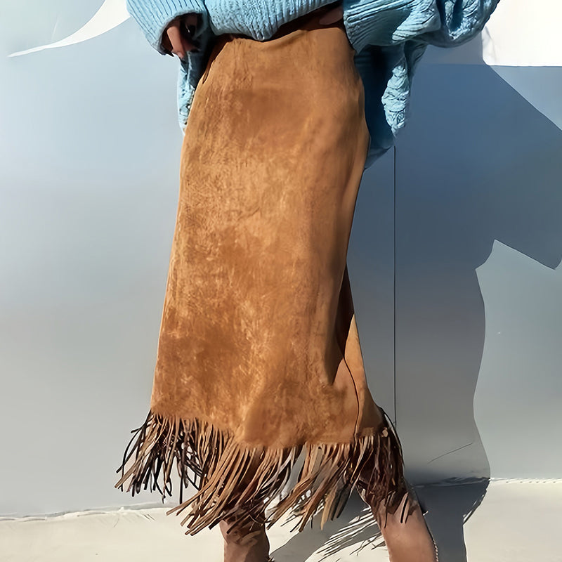 Women's Elegant A-Line Fringe Hem Skirt Versatile Solid Color Pencil Skirt For Daily To Party Wear - Eve & Kith