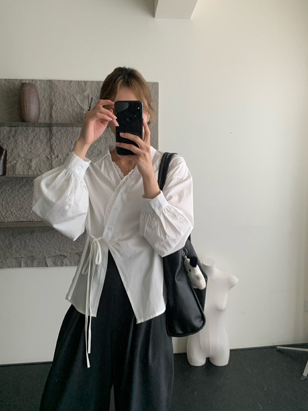 Womens Solid-Color Korean-Style French-Elegance Lace-Trimmed Shirt - Eve & Kith