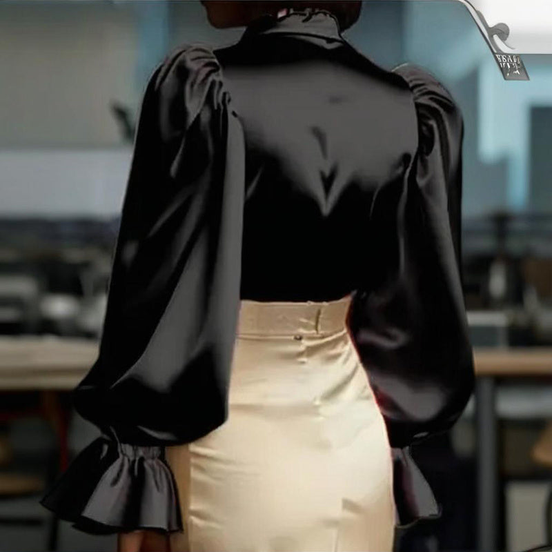 Women's Puff Sleeve Button Down Blouse, Ruffle Detail Dressy Casual Work Top - Eve & Kith