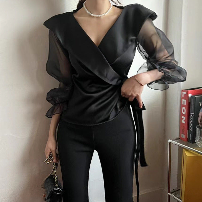 Womens V-neck Panelled Puff-Sleeve Bow-Tie-Neck Blouse - Eve & Kith