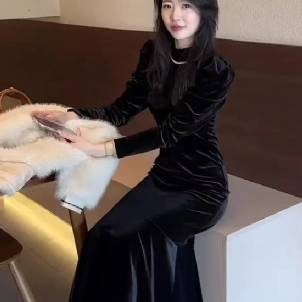 New Base-layer French-style Chic Korean Velvet Dress - Eve & Kith