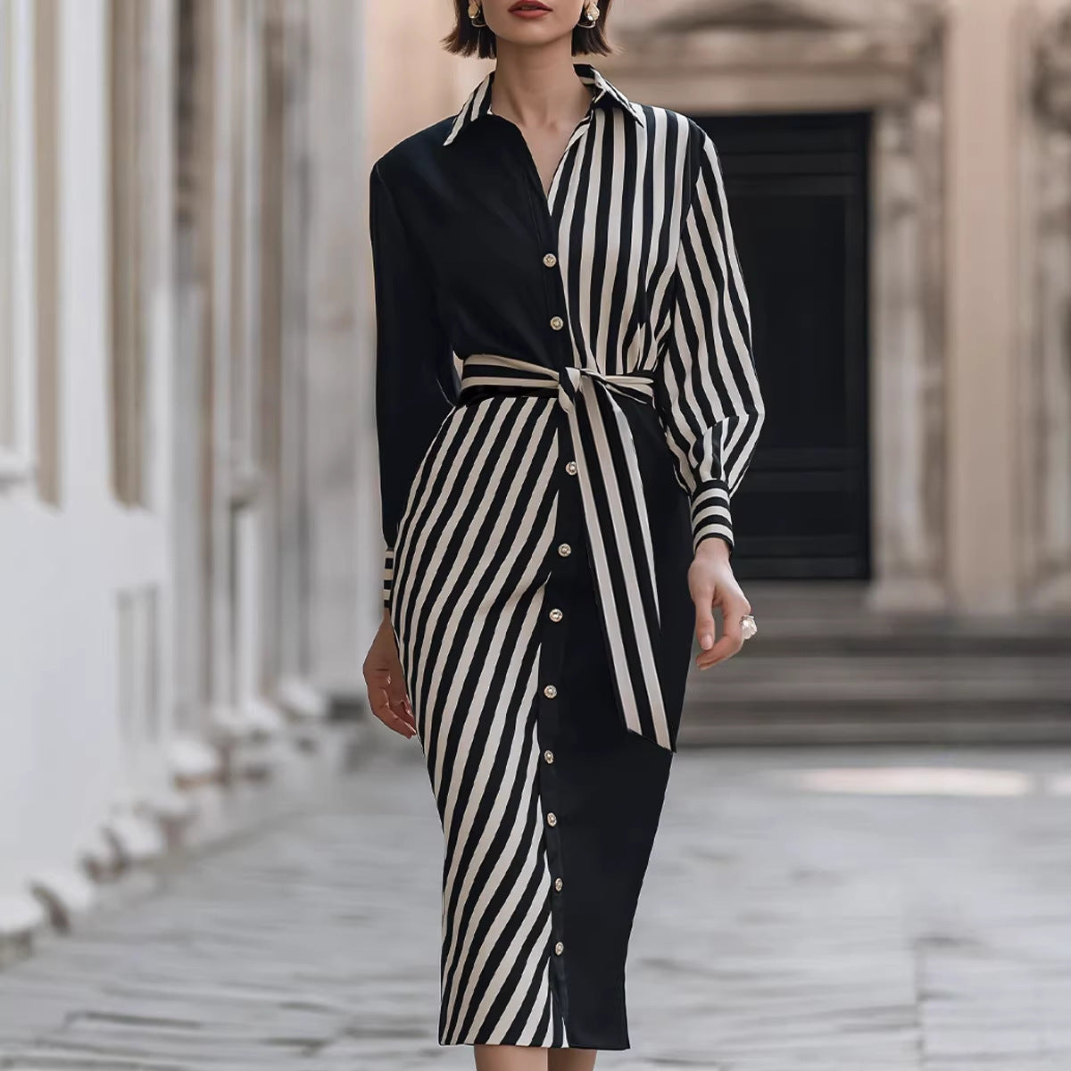 Lapel Shirt Commuter-style Striped Print Waist-cinching Dress
