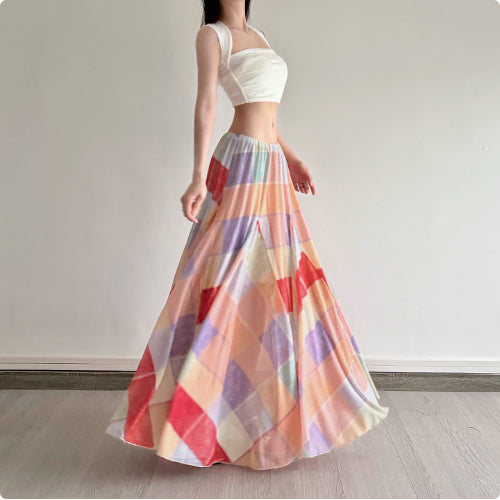 Colorful Flower Niche Artistic Colorblock Plaid Skirt - Eve & Kith