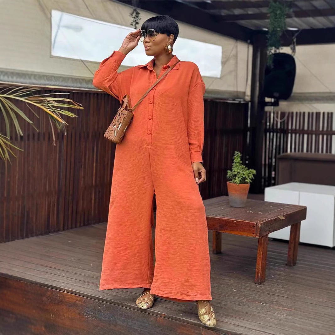 Casual Loose Round Neck Long Sleeve Wide Leg One-piece - Eve & Kith