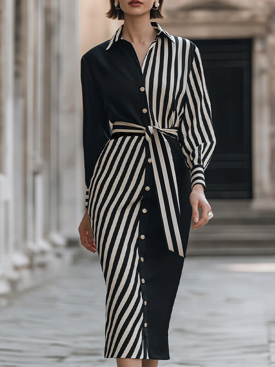 Lapel Shirt Commuter-style Striped Print Waist-cinching Dress