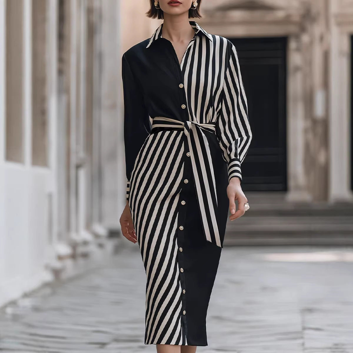 Lapel Shirt Commuter-style Striped Print Waist-cinching Dress
