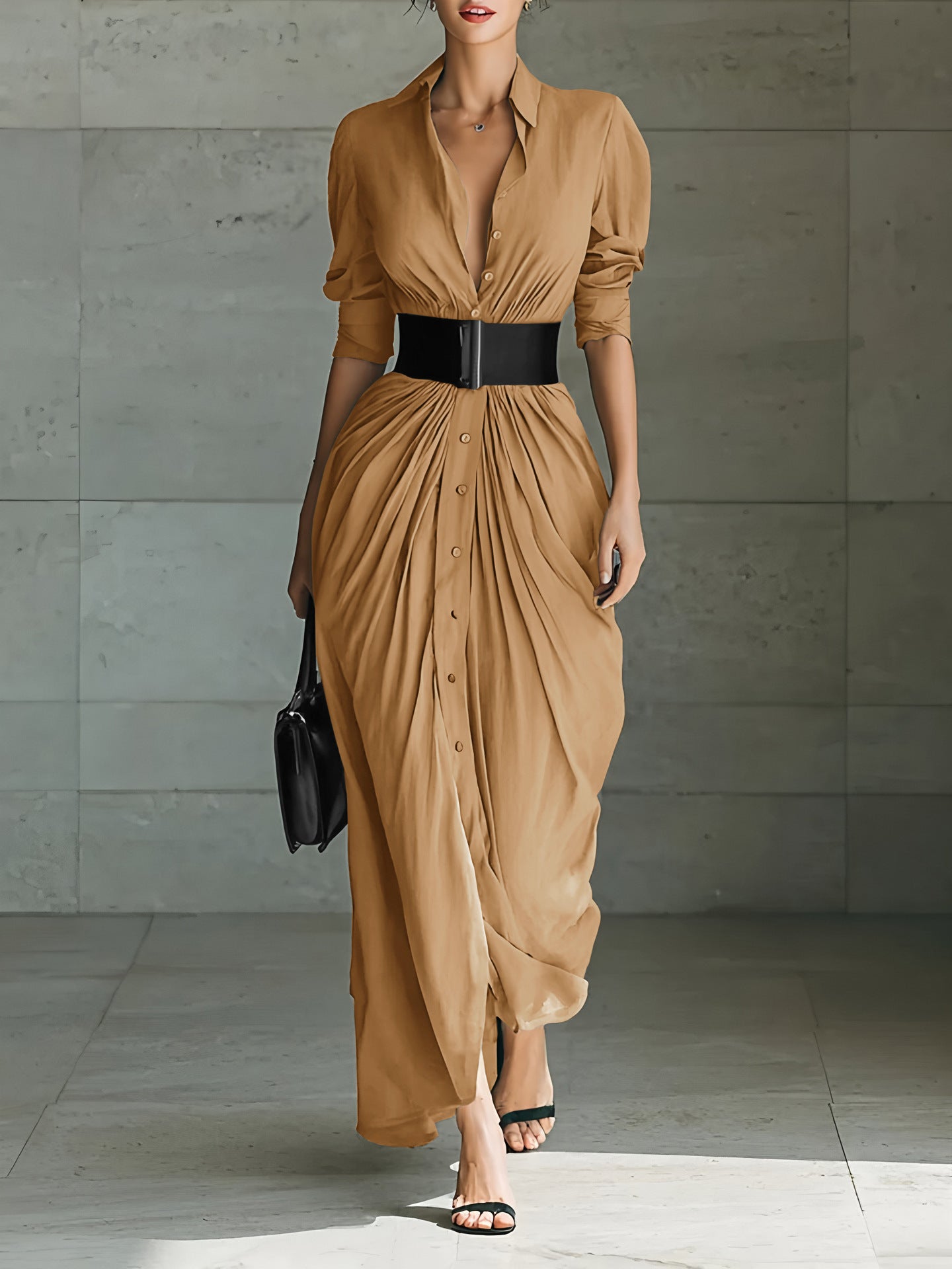 Fashionable Elegant Lapel Breasted Shirt Dress With Belt - Eve & Kith