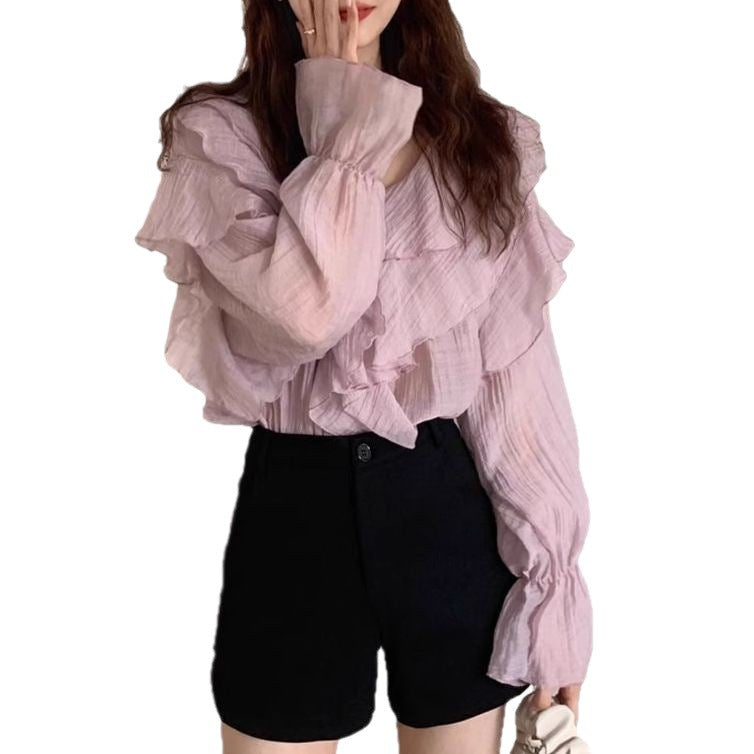 Womens Solid-Color Irregular Chiffon Long-Sleeve Shirt - Eve & Kith