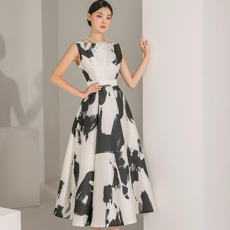 Ink Art Printed Round Neck Sleeveless High Waist Dress - Eve & Kith