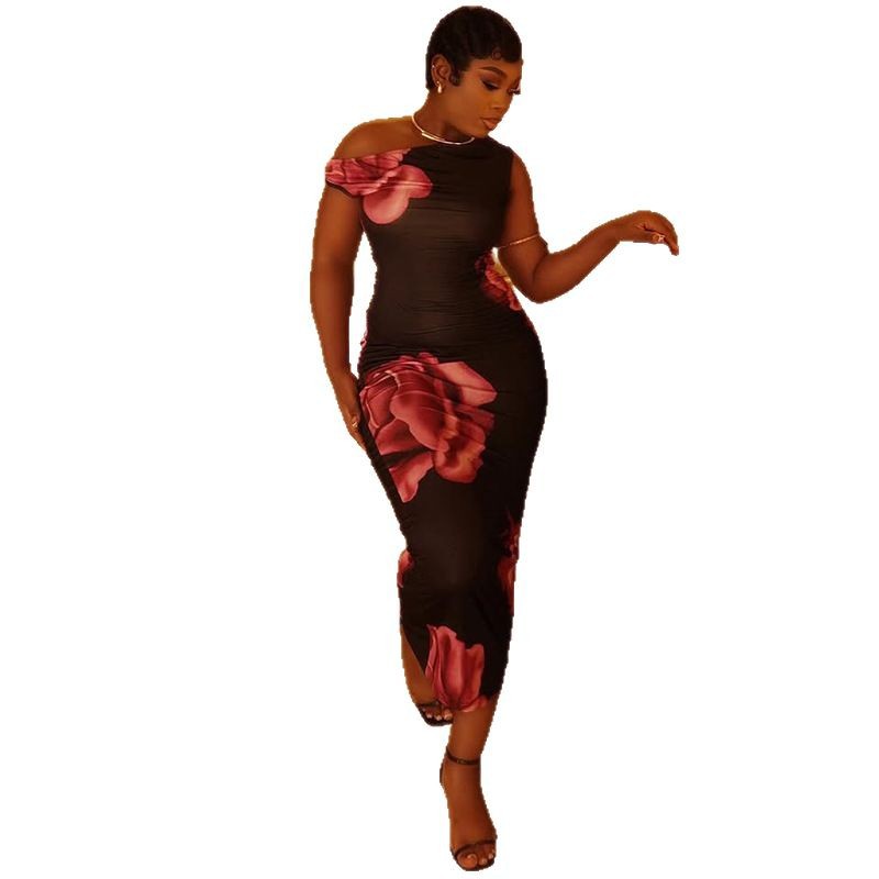 Elegant Printed Bodycon Pleated One-Shoulder Dress - Eve & Kith