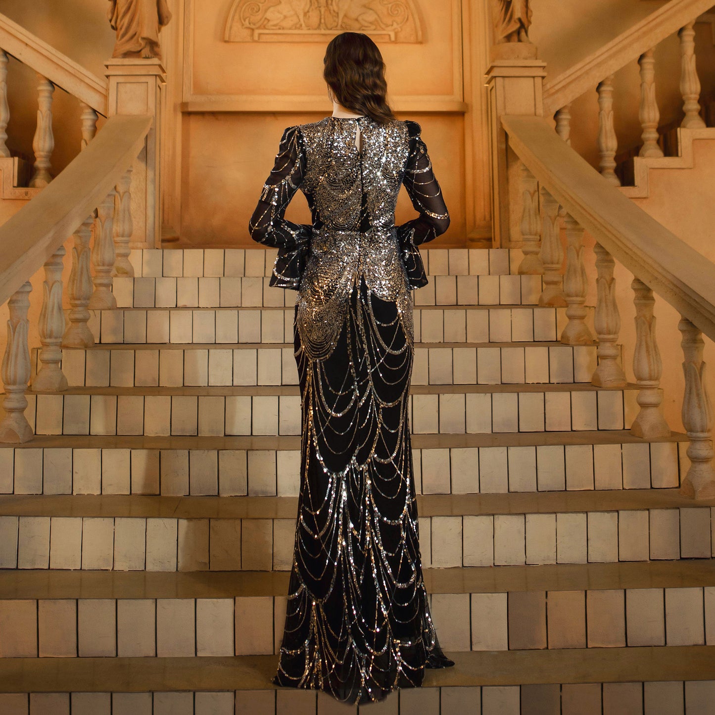 Long Sleeve Round Neck Slim-fit Sheath Sequined Banquet Fishtail Evening Dress - Eve & Kith