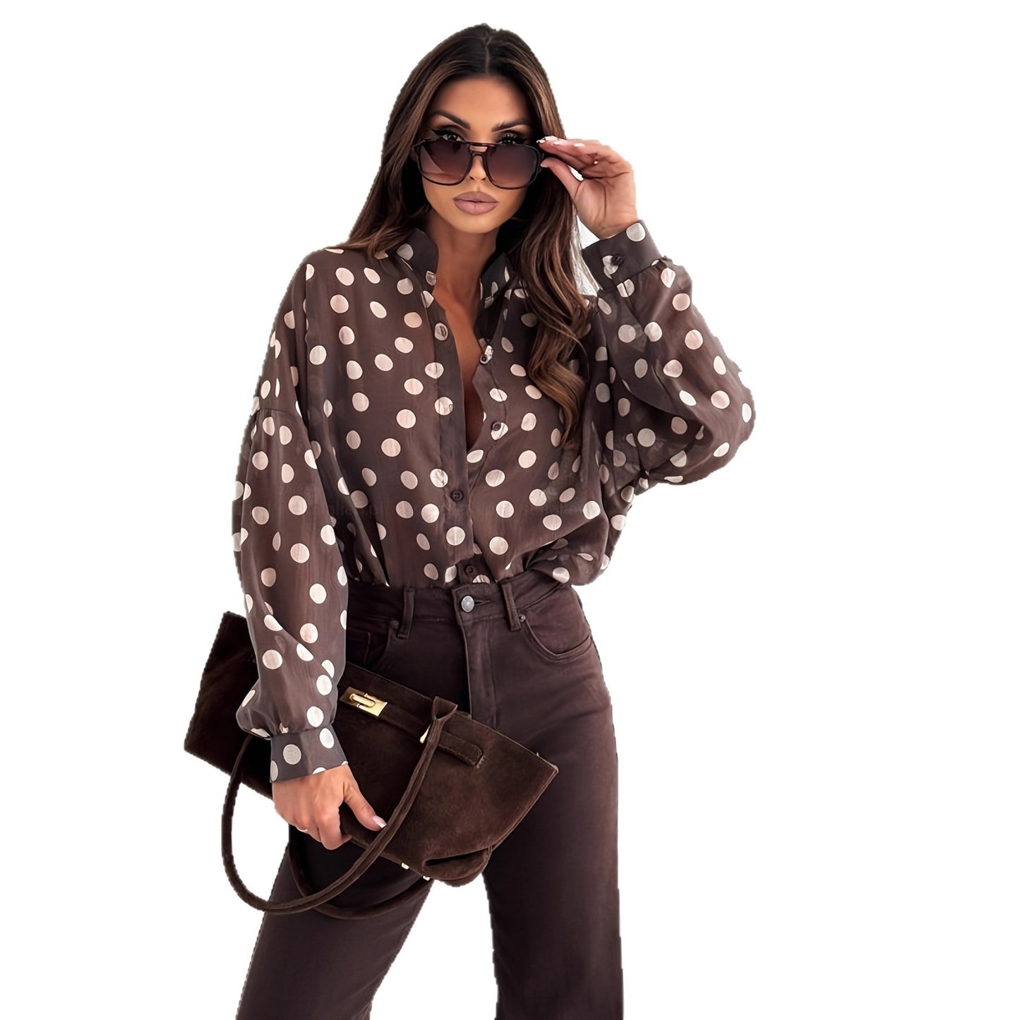 Womens Minimalist Long-Sleeve Polka-Dot Waist-Cinching Office-Ready Shirt - Eve & Kith